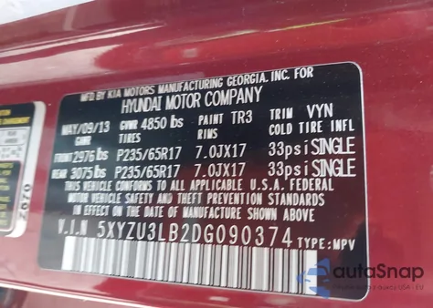 2013 Hyundai Santa Fe Sport z USA, uszkodzony, nr VIN 5XYZU3LB2DG090374